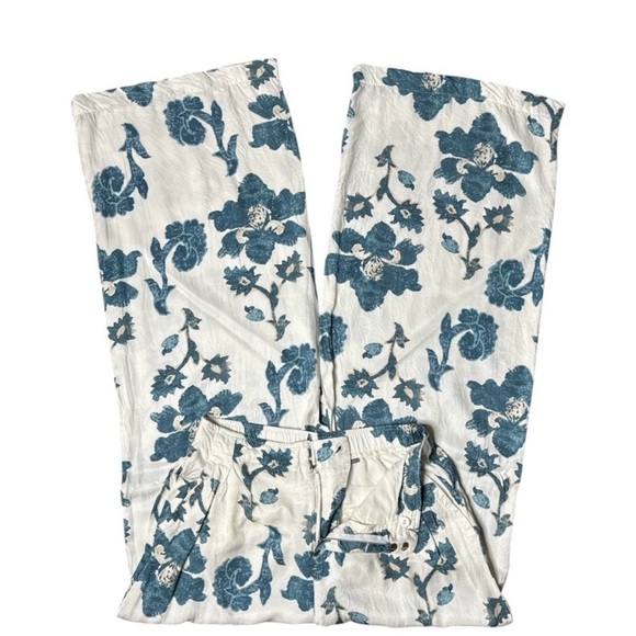 ANTHROPOLOGIE BLOCK PRINT GREEN AND WHITE SILKY TROUSERS SIZE MEDIUM TALL - Picture 4 of 12